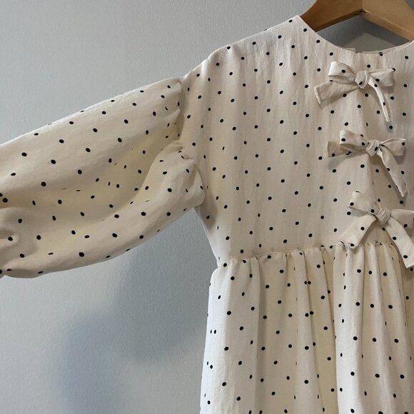 Handmade Children's Black Off White Polka Dot 100% Cotton Front Bows Dress - Picture 8 of 14